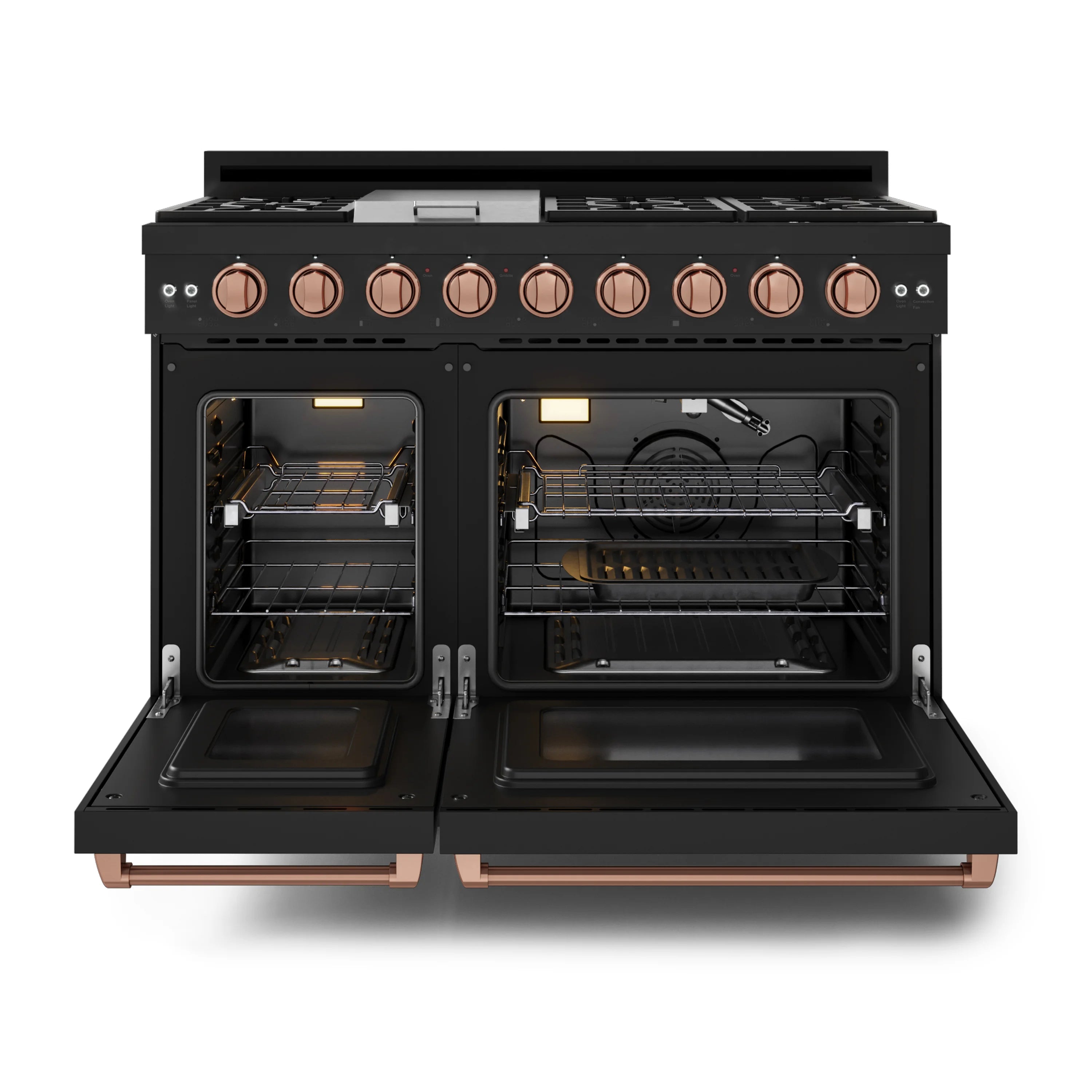 Black gas range with open double ovens, rose-gold trim and touch control knobs