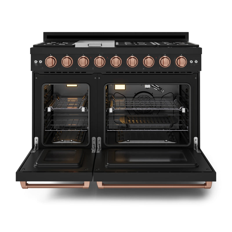 Thor Kitchen Gordon Ramsay 3-Piece Appliance Package - 48-Inch Gas Range with Double Oven, 36-Inch Refrigerator, and Dishwasher in Black with Rose Gold Trim