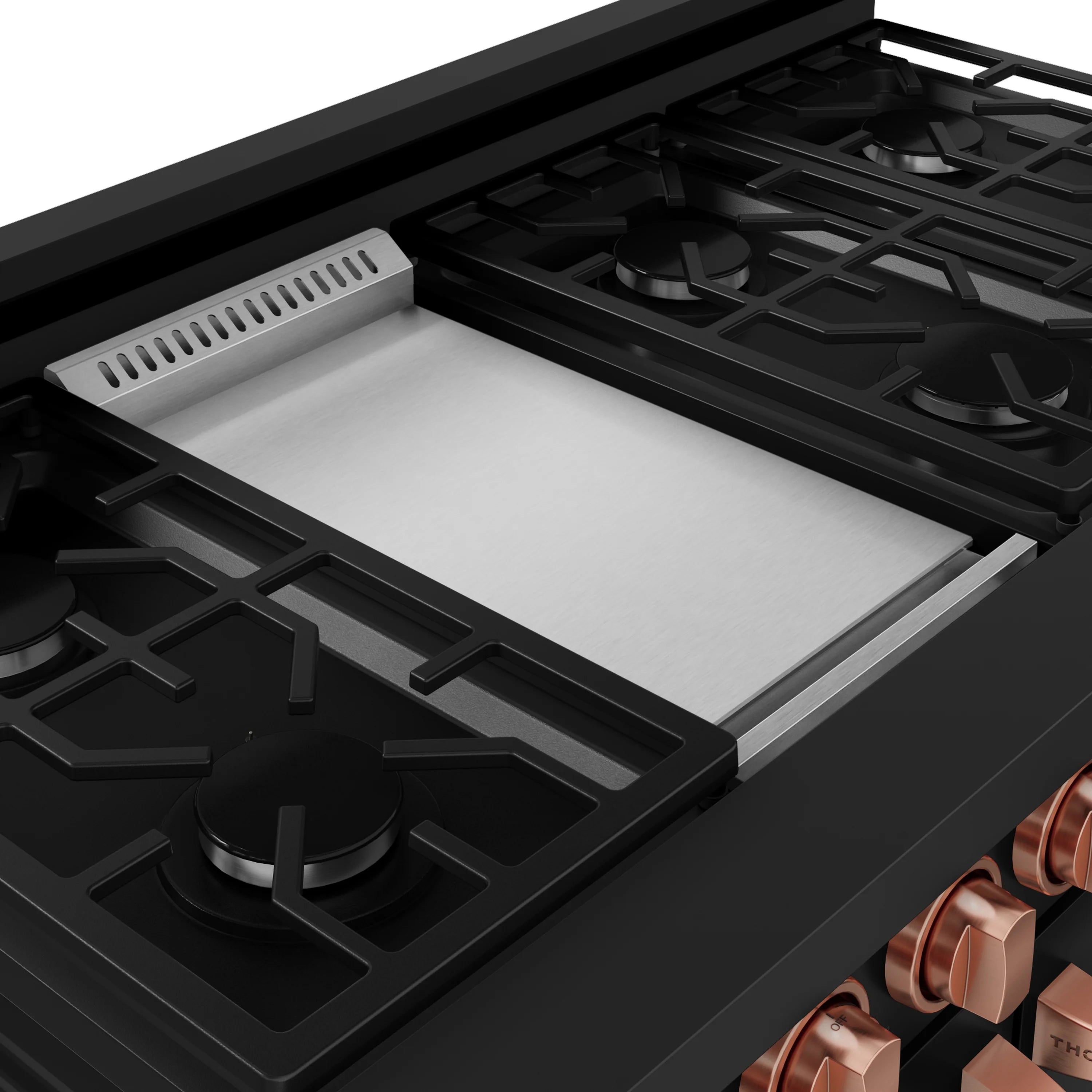 Black gas cooktop grates with removable light insert and rose-gold control knobs edge
