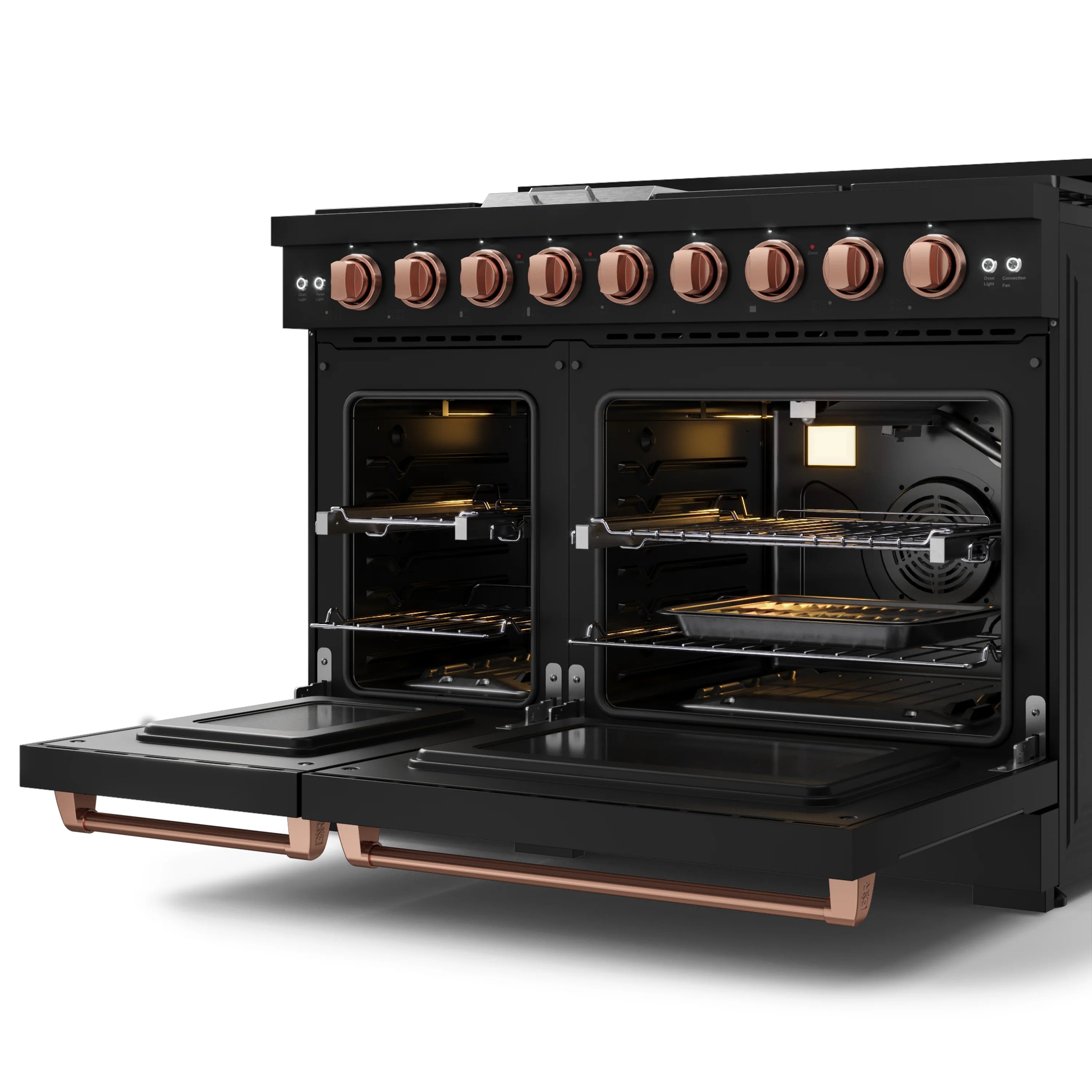 Black double gas oven range with both oven doors open and rose-gold trim, control panel