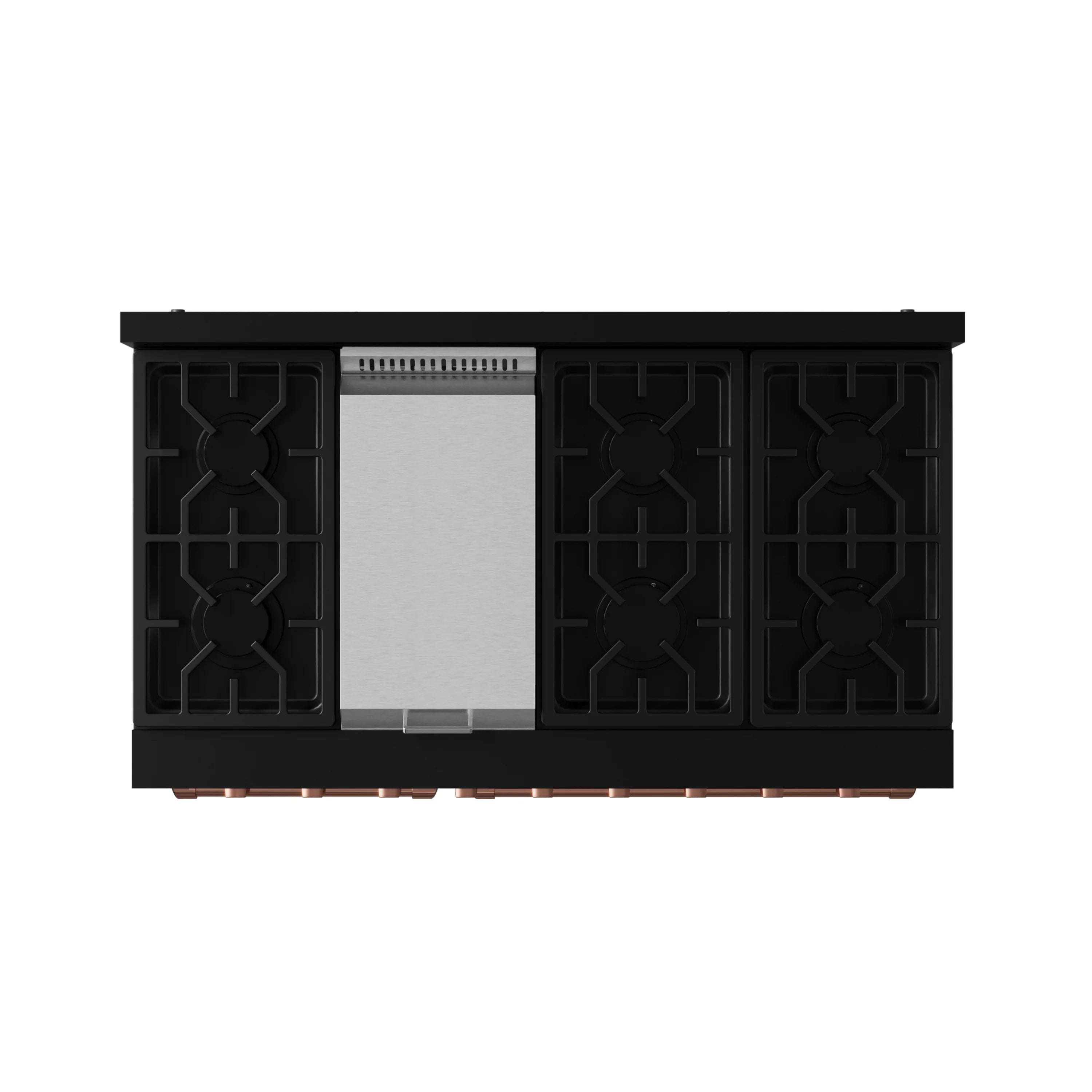 Black gas range with four burner grates and closed oven doors, rose-gold base trim