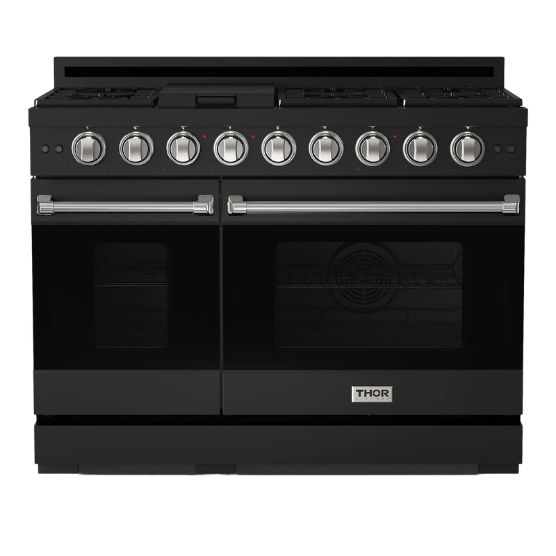 Thor Kitchen Gordon Ramsay 3-Piece Appliance Package - 48-Inch Gas Range with Double Oven, 36-Inch Refrigerator, and Dishwasher in Black with Stainless Steel Trim