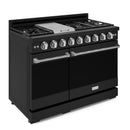 Gordon Ramsay by Thor Kitchen 4-Piece Appliance Package -  48-Inch Natural Gas Range, Wall Mount Range Hood, 36-Inch French Door Refrigerator, and Dishwasher in Black with Stainless Steel Trim