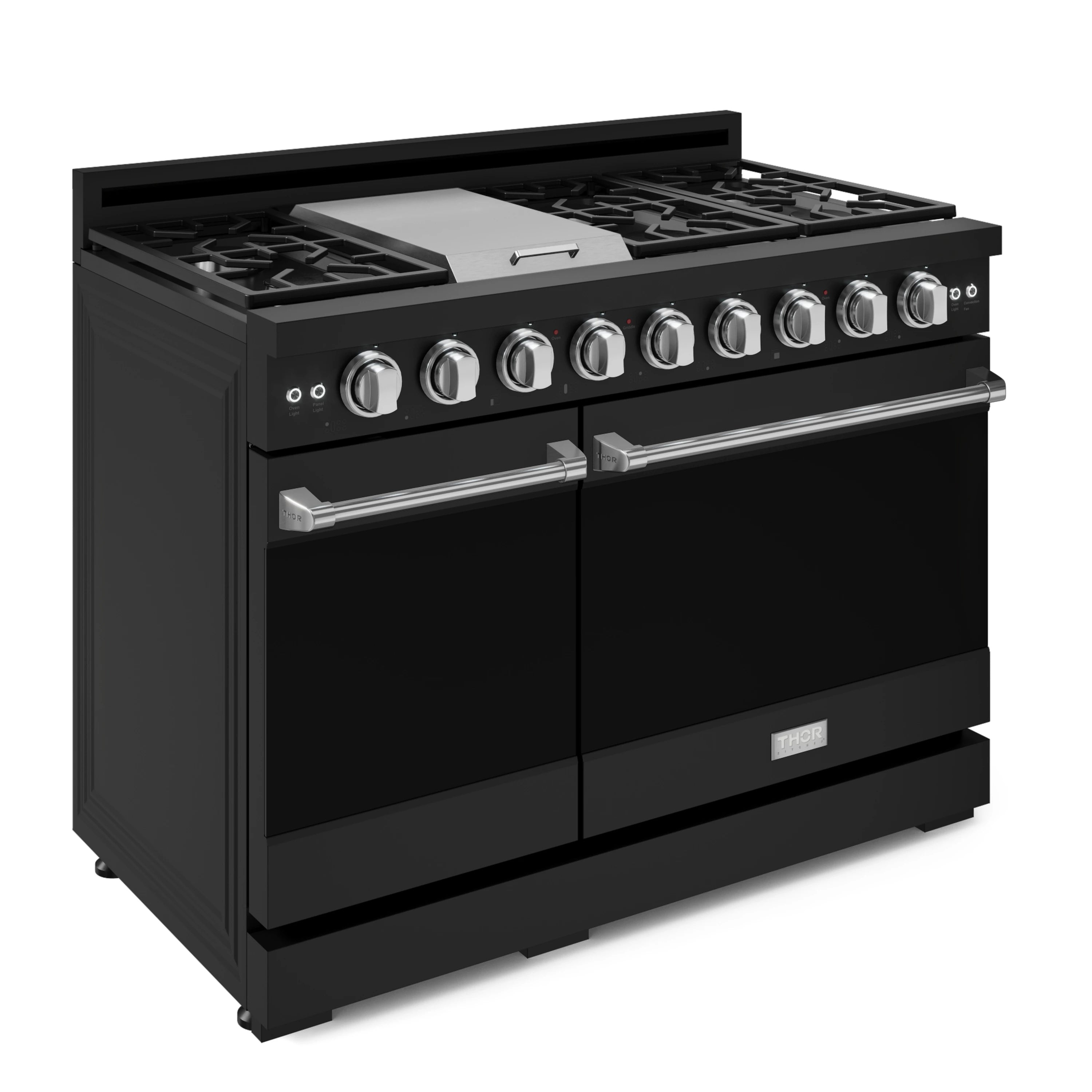 Black gas range with stainless control knobs and front oven doors