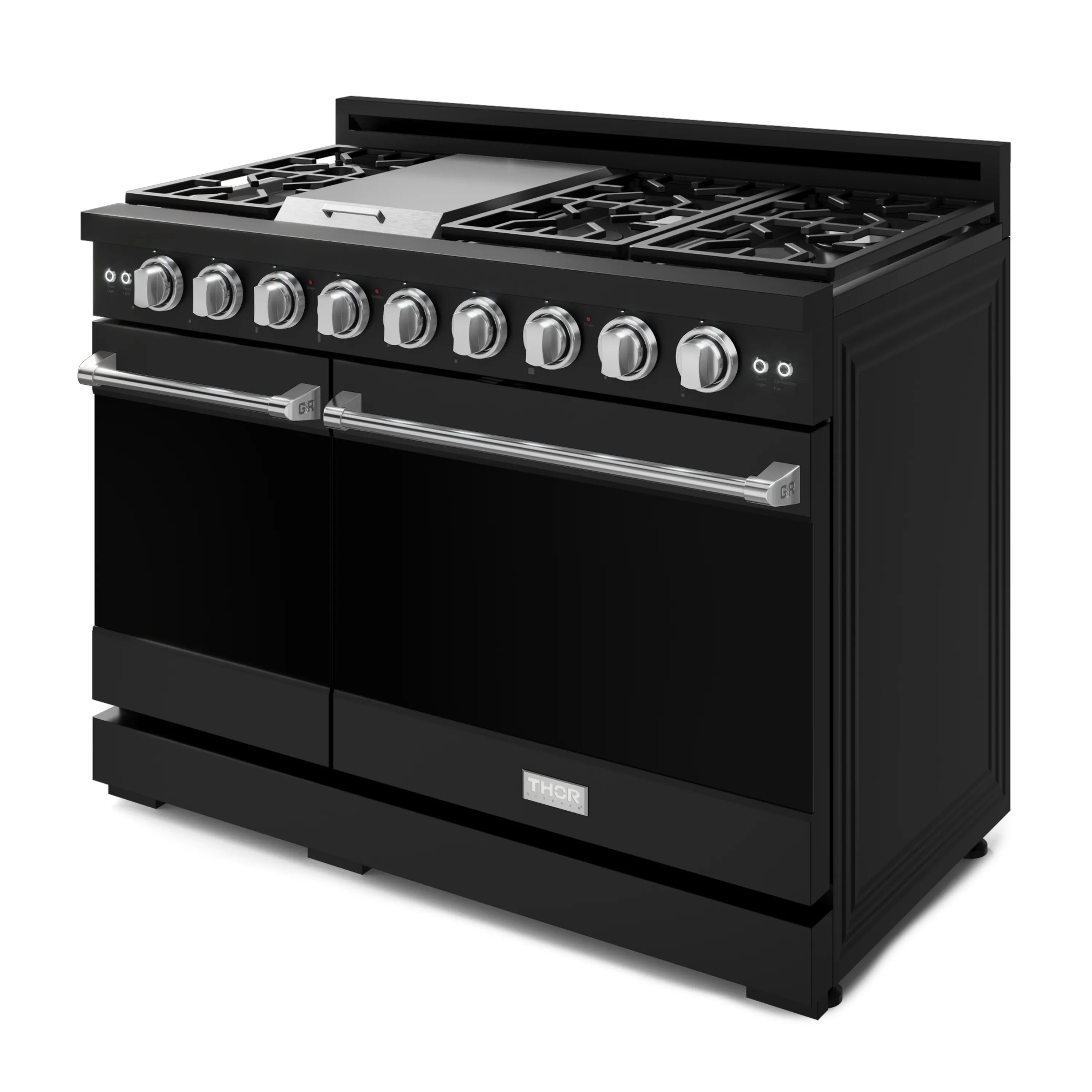 Black double-oven natural gas range with pro-style knobs and stainless oven handle