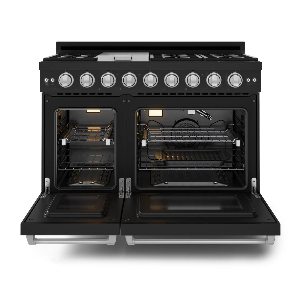Black double-oven gas range with both oven doors open and stainless control panel