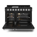 Gordon Ramsay by Thor Kitchen 4-Piece Appliance Package -  48-Inch Natural Gas Range, Wall Mount Range Hood, 36-Inch French Door Refrigerator, and Dishwasher in Black with Stainless Steel Trim