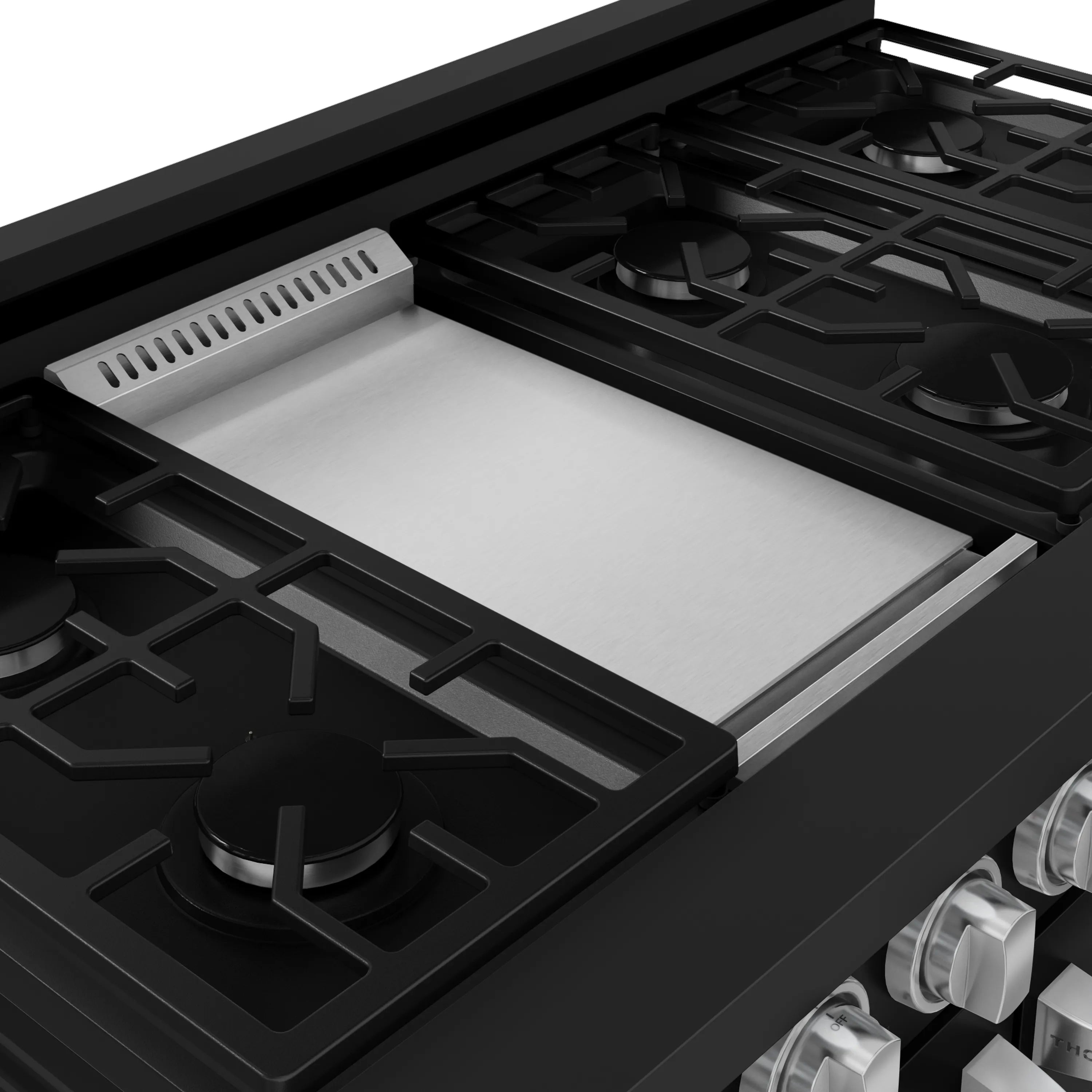 Black gas cooktop with cast-iron style grates and removable griddle plate