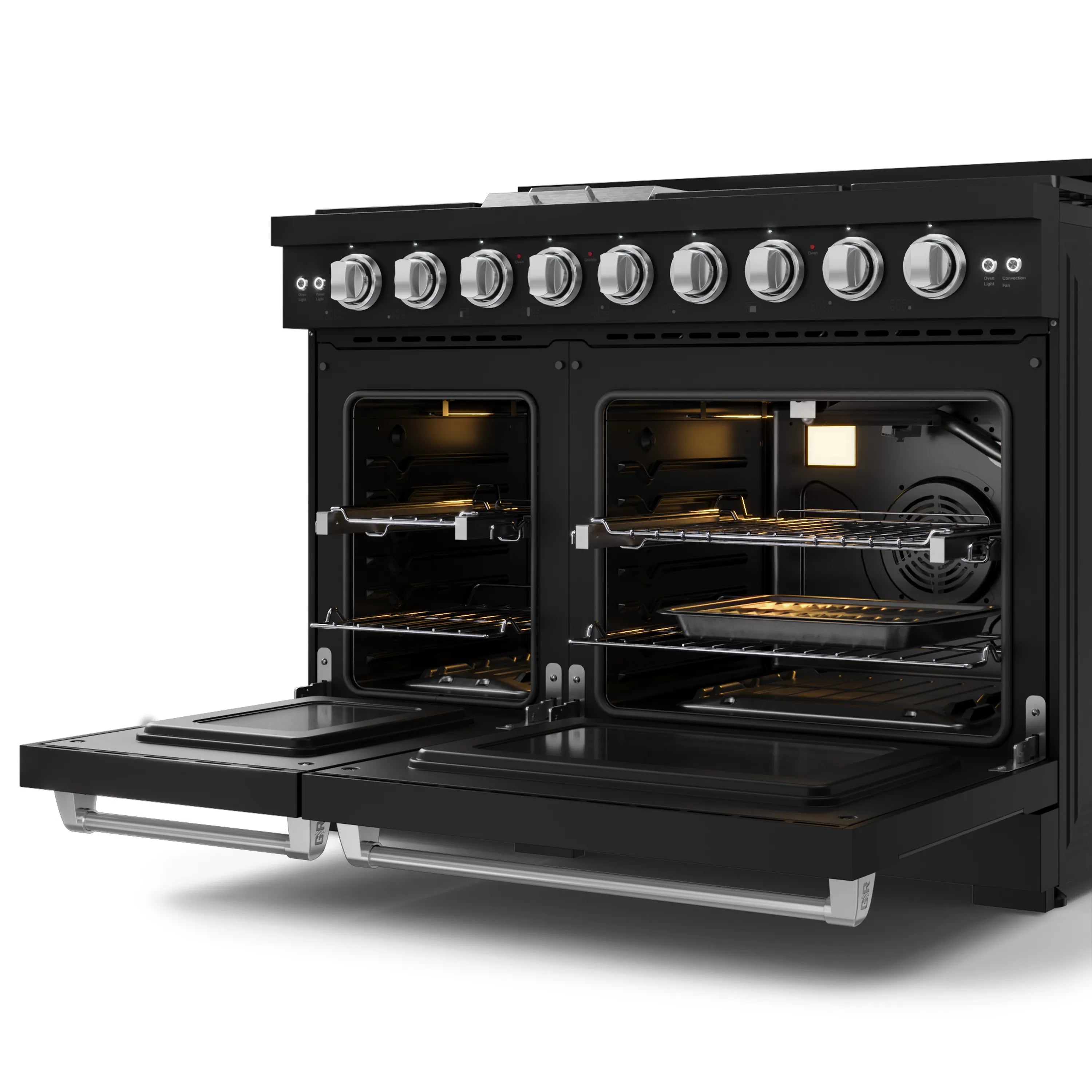 Black gas range with both ovens open, showing stainless racks and burner elements