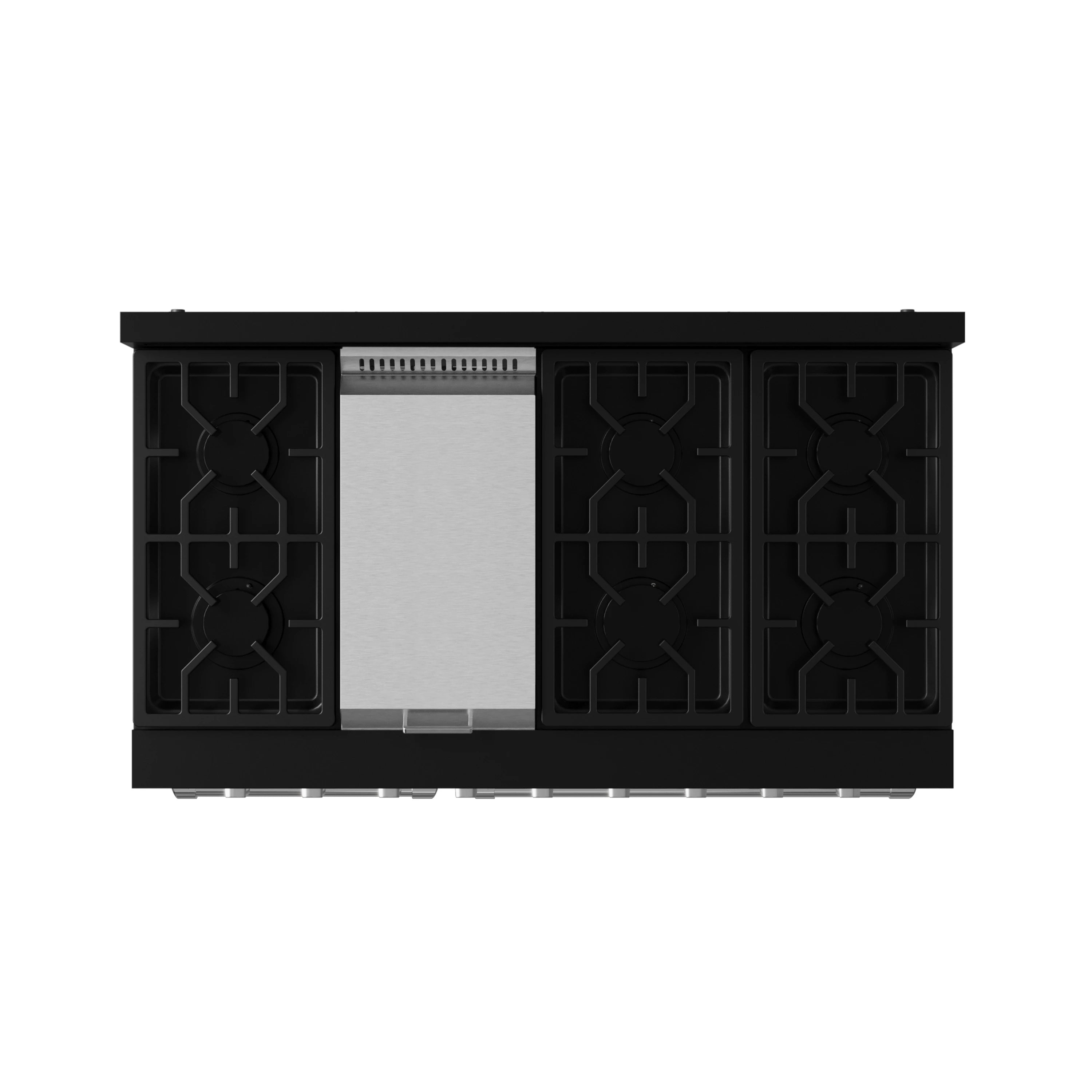 Black appliance doors with vented panels and a central light-colored insert