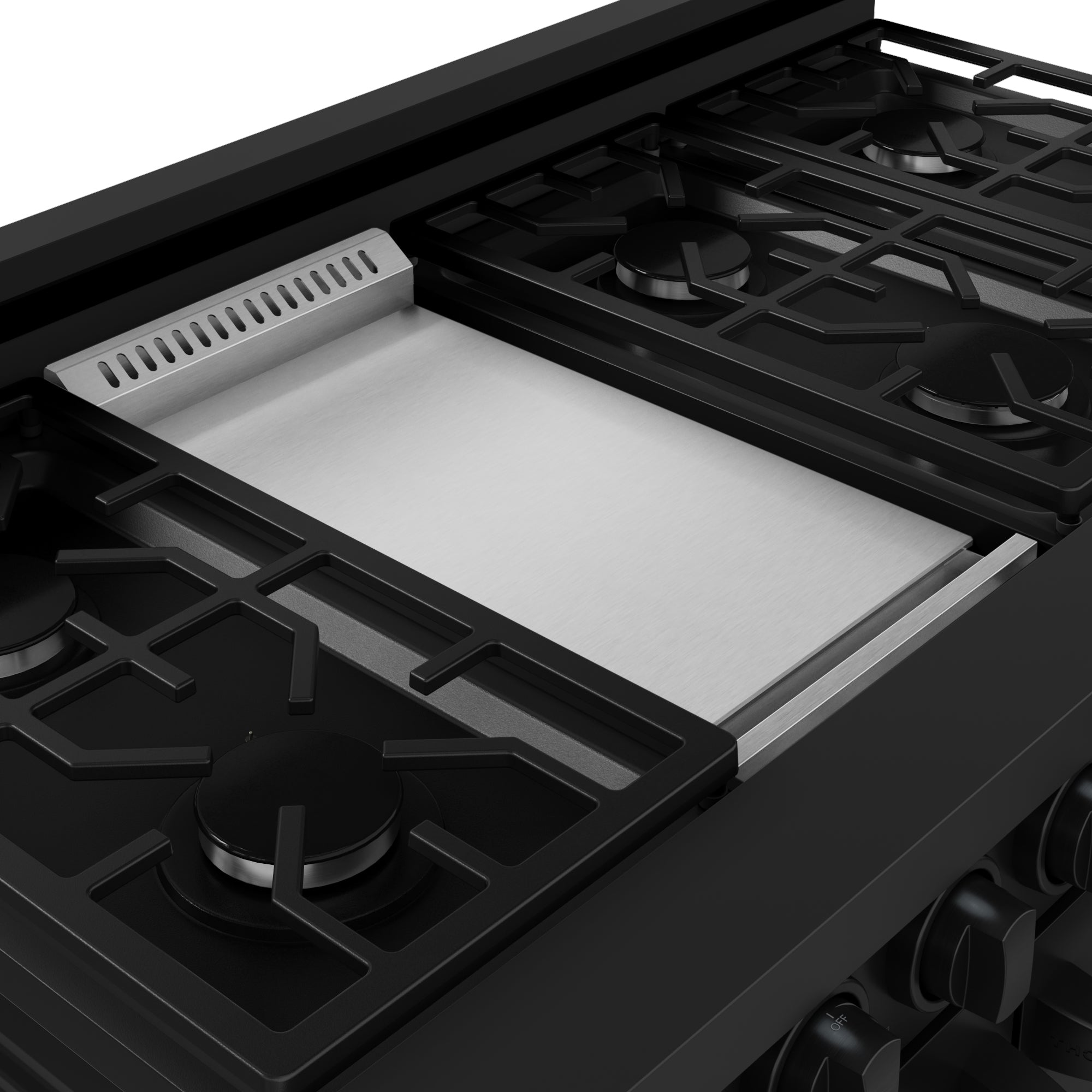 Black gas cooktop with cast-iron grates and burner heads, viewed from above