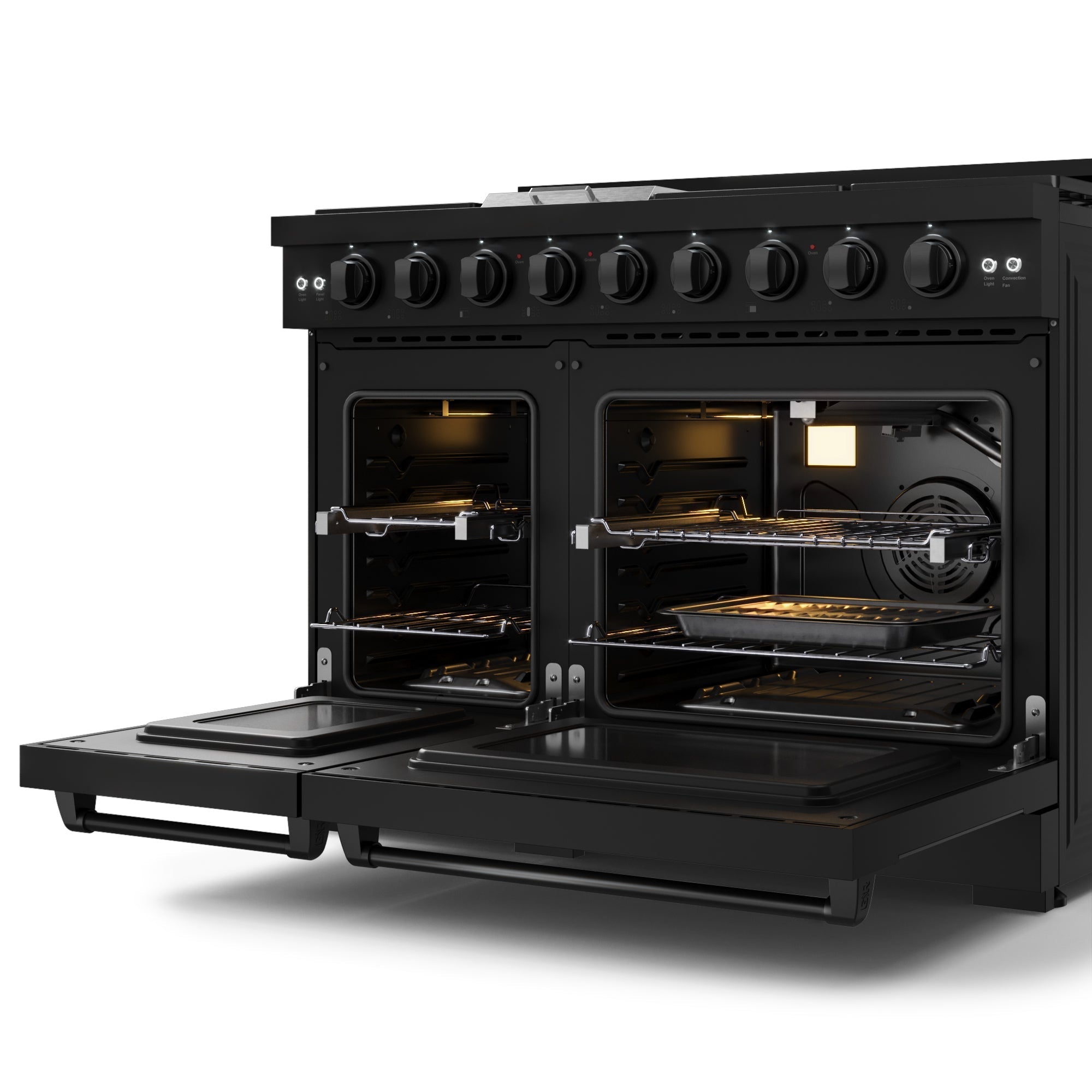 Black gas range with oven doors open and lit interiors with racks