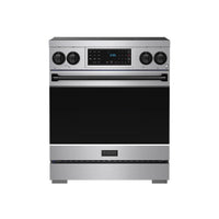 Stainless steel induction range with black oven door and touch control panel