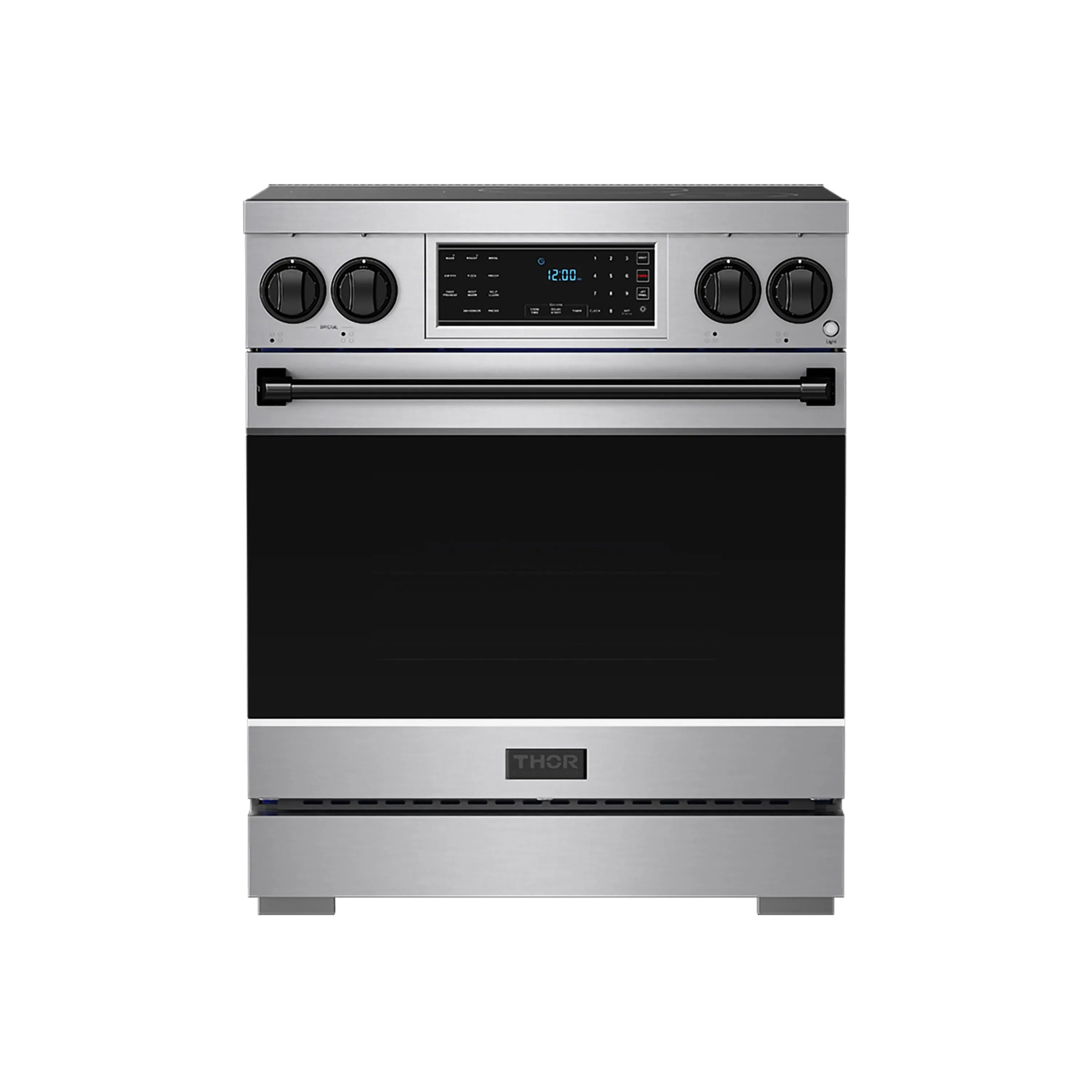 30-inch induction range with stainless trim and black glass cooktop, front view