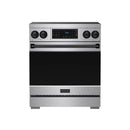 Stainless steel induction range with black oven door and touch control panel