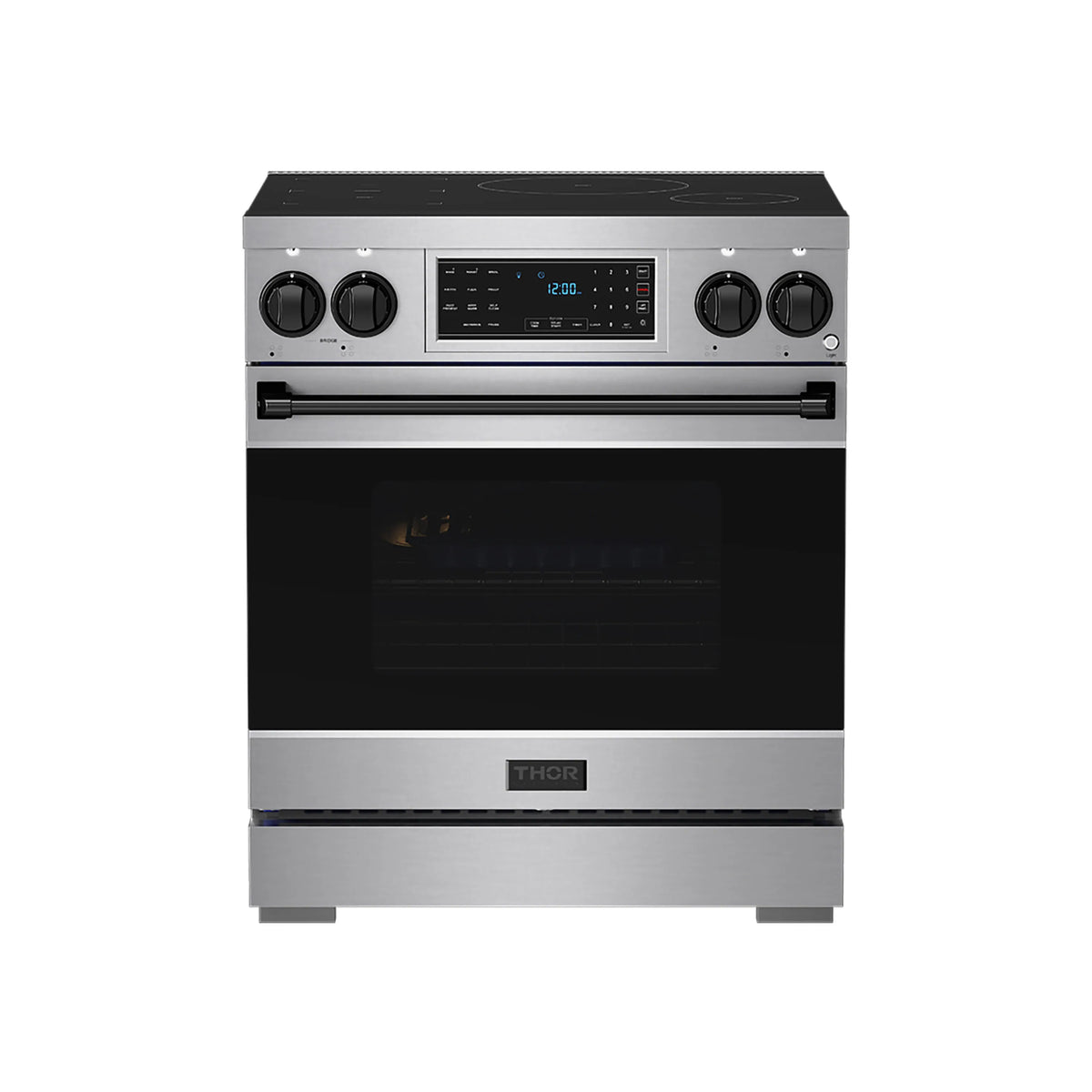Stainless steel induction range with black oven window and front control panel