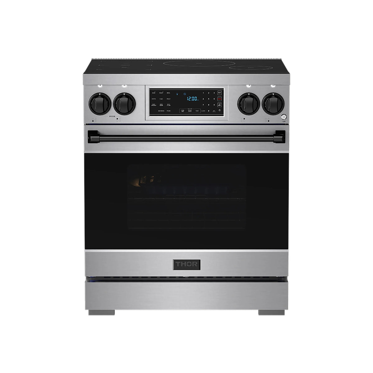 Stainless steel induction range with black oven window and front control panel