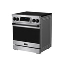 Stainless steel induction range with black oven door and THOR logo on lower panel