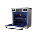 Induction range with open door, stainless frame, and blue-lit oven interior