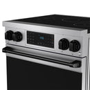 Stainless steel induction range control panel with black knobs and digital display