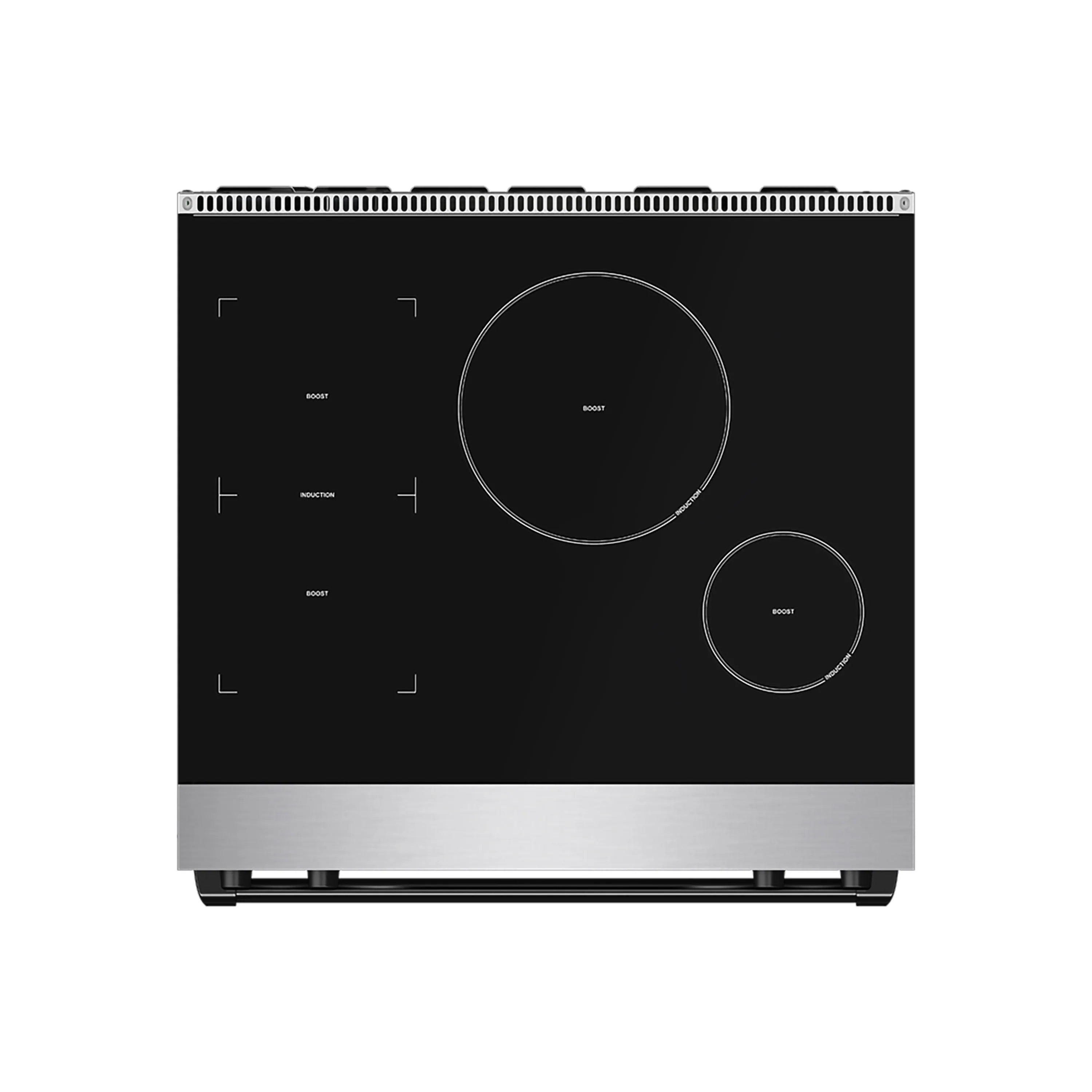 Black glass induction cooktop with circular heating zones on stainless base