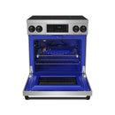 Stainless steel induction range with open oven door and blue interior racks