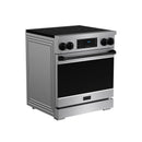 Induction range with black oven door, stainless frame, and black glass cooktop