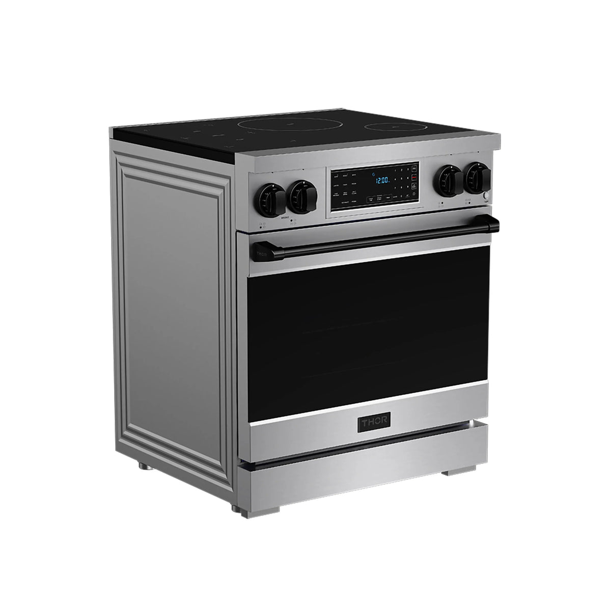 Induction range with stainless side panels, black glass cooktop, and oven door