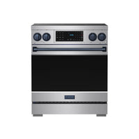 Front view stainless steel induction range with black oven door and four control knobs