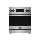 Front view stainless steel induction range with black oven door and four control knobs