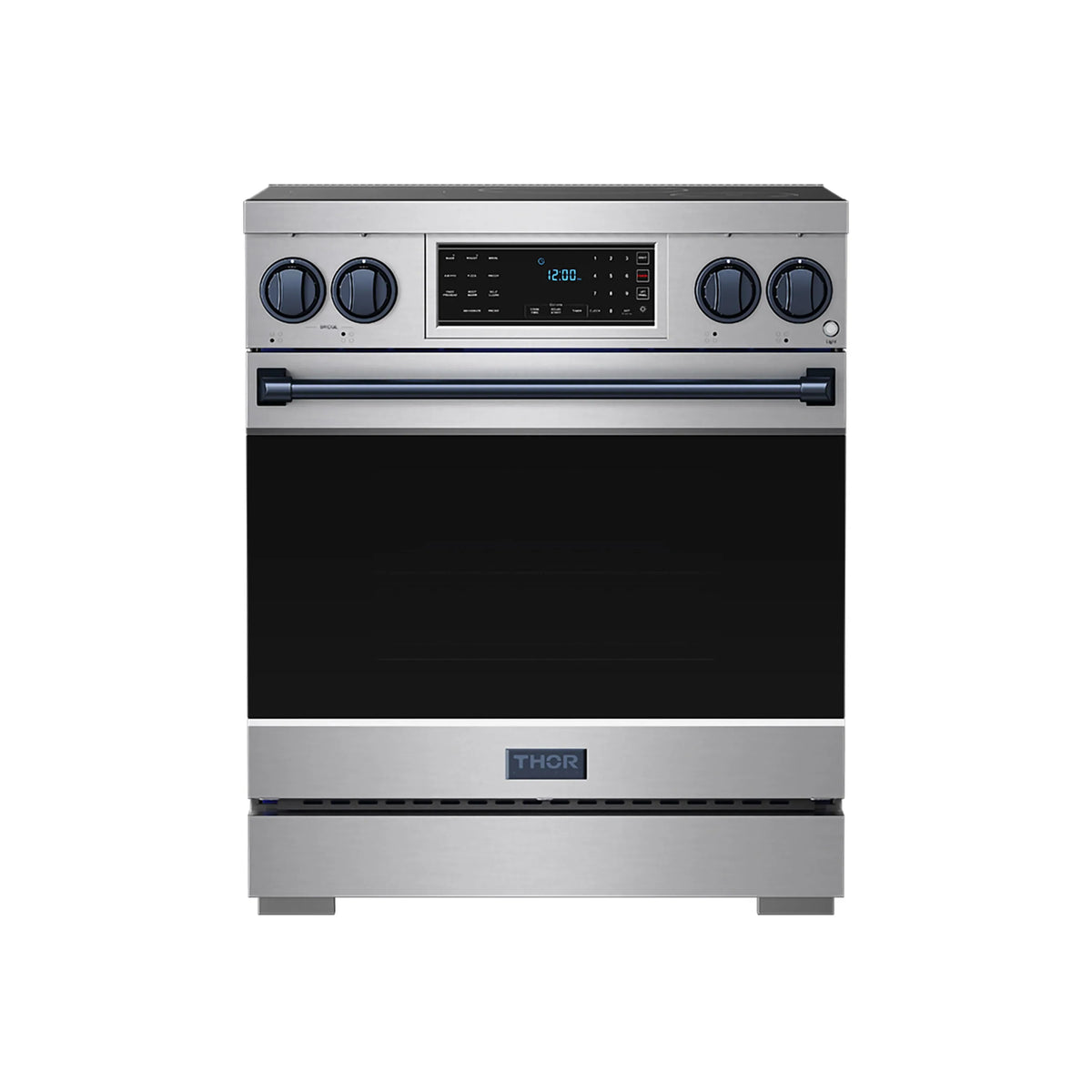 Front view stainless steel induction range with black oven door and four control knobs