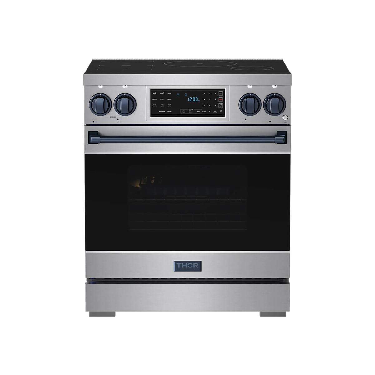 Stainless induction range with black oven door and blue control panel trim