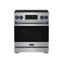 Stainless steel induction range front with black door window and THOR logo on drawer