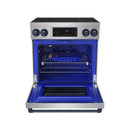 Stainless steel 30-inch induction range with blue-trimmed oven door and open oven interior