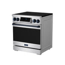 Stainless induction range with black oven door and control panel, side view with blue trim