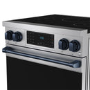 Stainless steel induction range control panel with digital display and blue accent handle