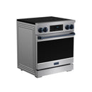 Stainless steel induction range with black oven door and blue-trimmed oven frame