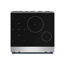 Black induction cooktop with circular and zone markings on stainless steel base