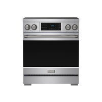 Stainless steel induction range front view with black oven door and control display