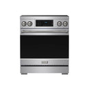 Stainless steel induction range front view with black oven door and control display