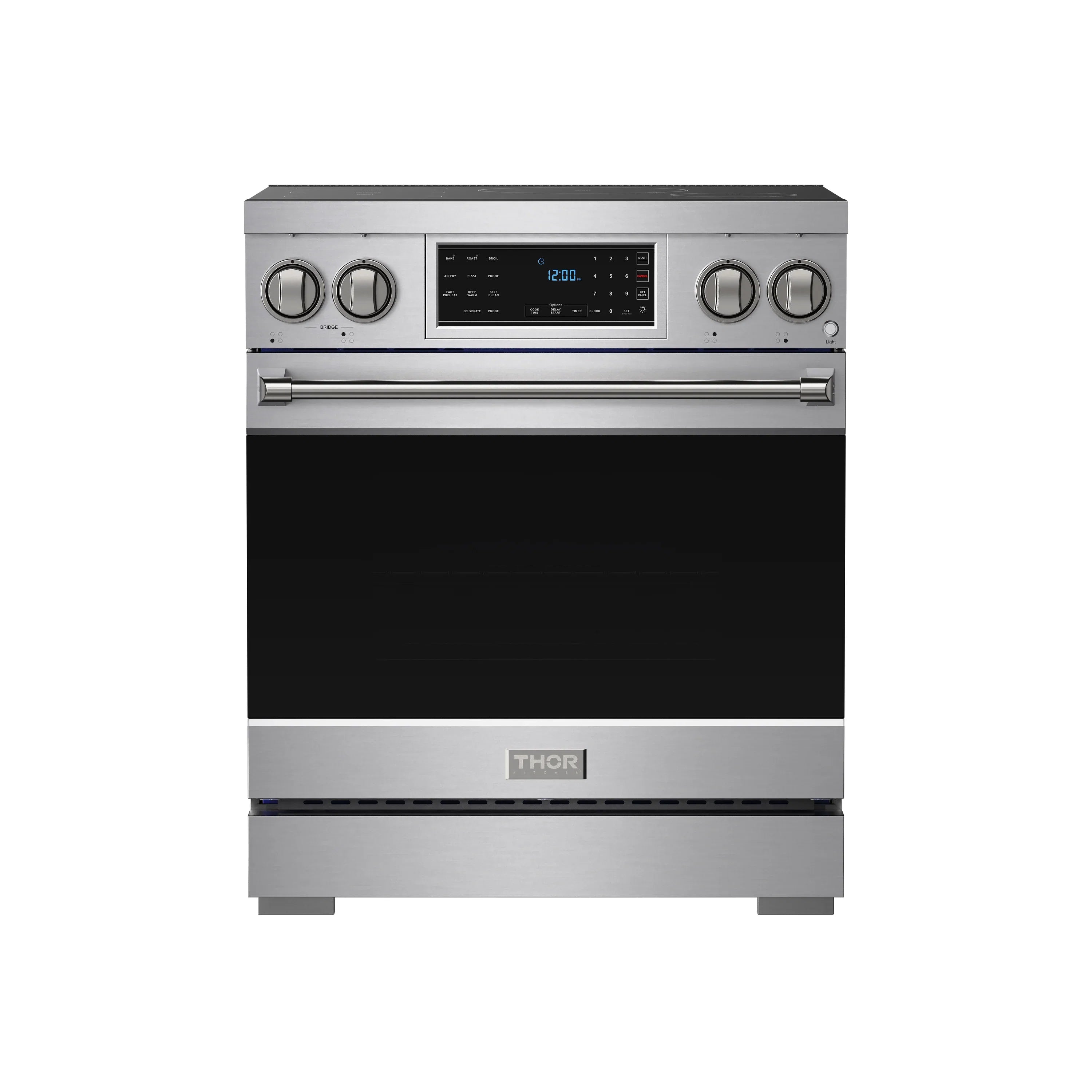 Thor stainless steel induction range with black glass front control panel and oven door
