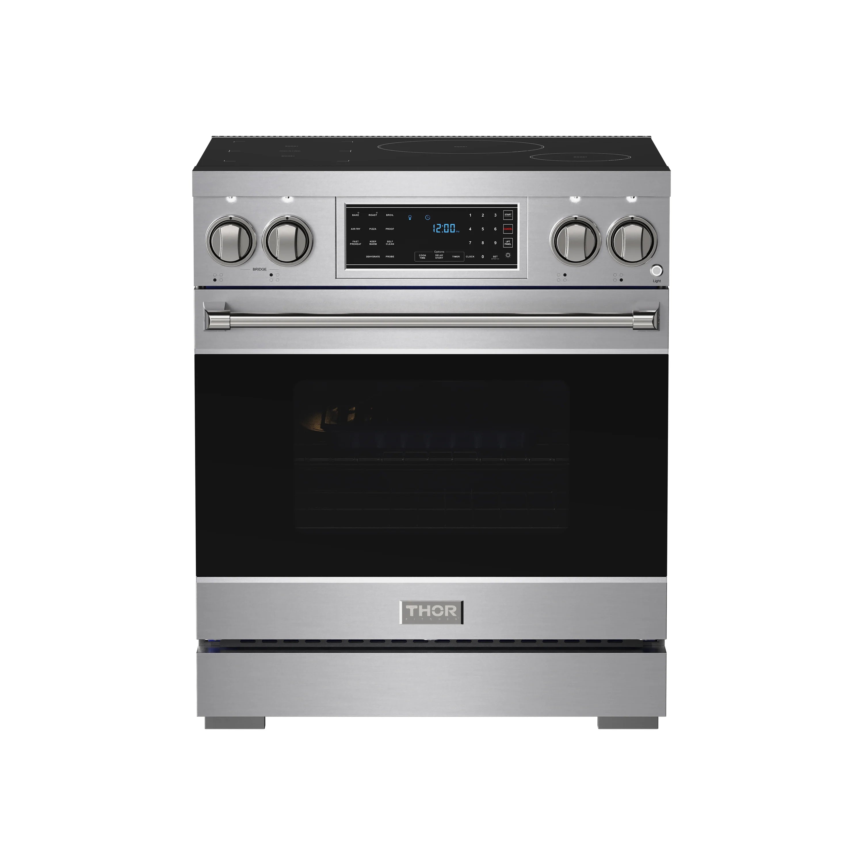 Stainless steel induction range front with black glass oven door and central display