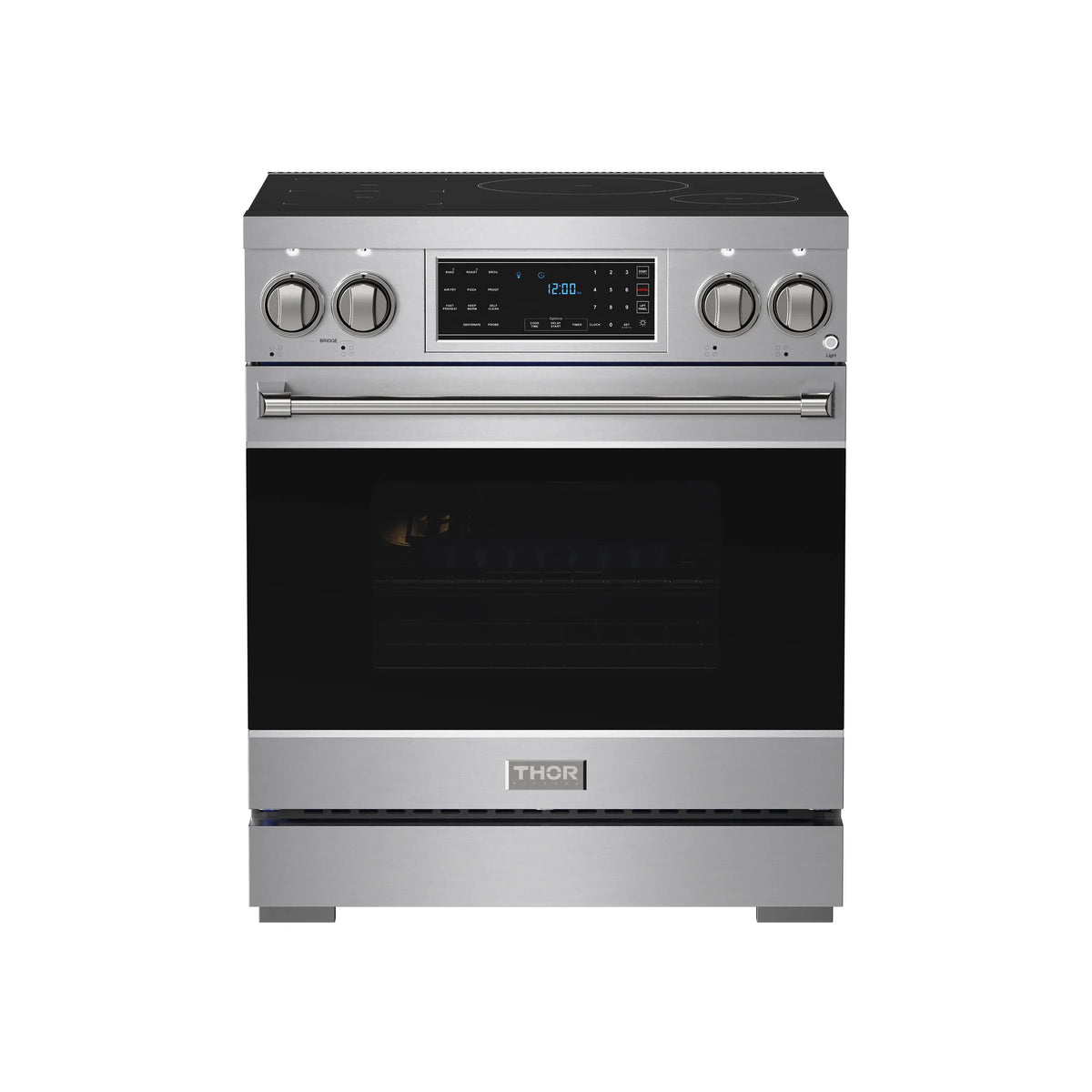 Thor stainless steel induction range front view with black oven window and control knobs