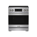 Stainless steel induction range front with black glass oven door and central display