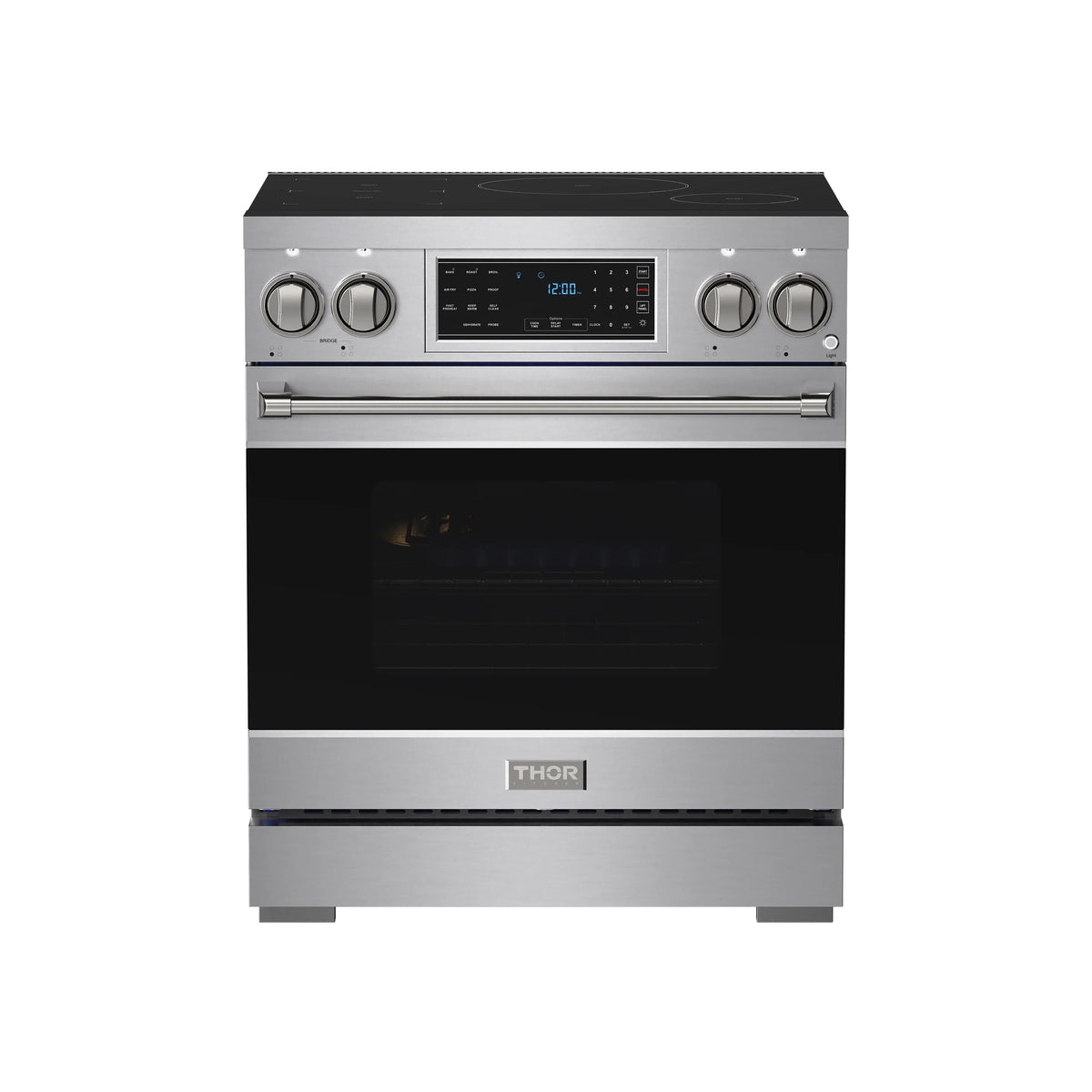 Stainless steel induction range front with black glass oven door and central display