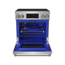 Stainless steel induction range with open oven door and blue interior racks