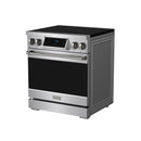 Stainless steel induction range side view with black cooktop and front control knobs
