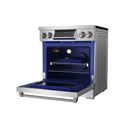 Stainless steel induction range with oven door open, showing blue cavity and grates
