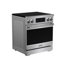 Stainless steel induction range front view with black oven door and cooktop knobs