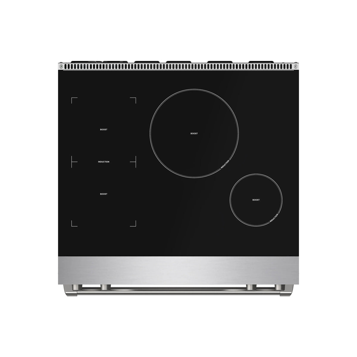 Induction cooktop surface with black glass and circular burner zones on stainless base